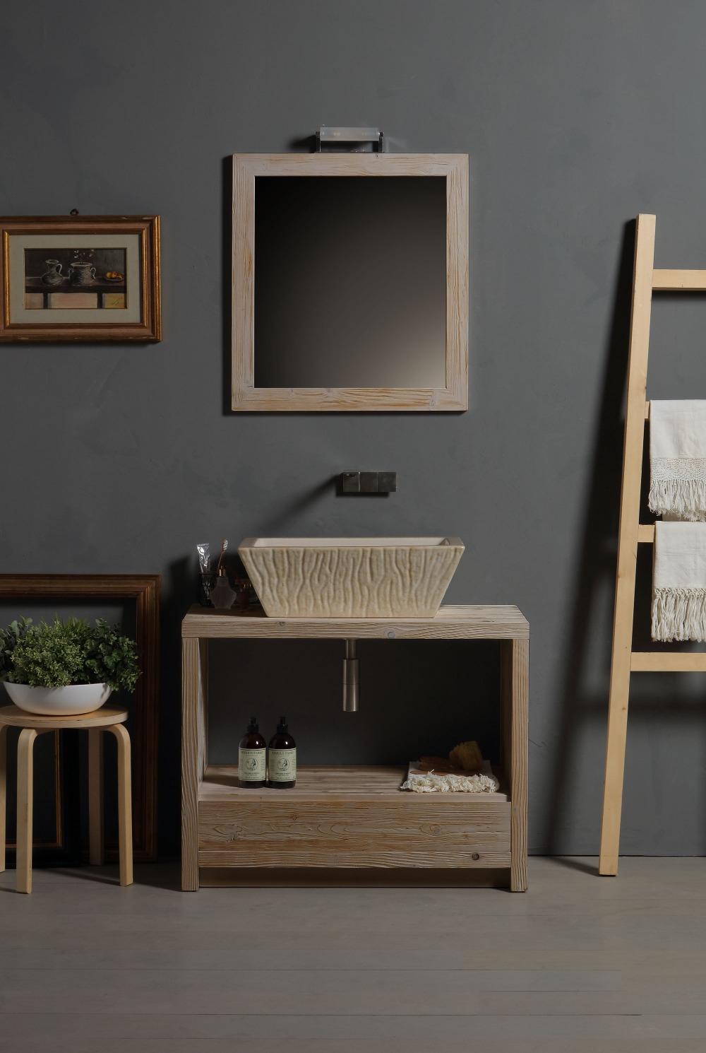 Mobile Portalavabo da terra in legno con Cassettone abbinato alla Specchiera Rettangolare Horganica