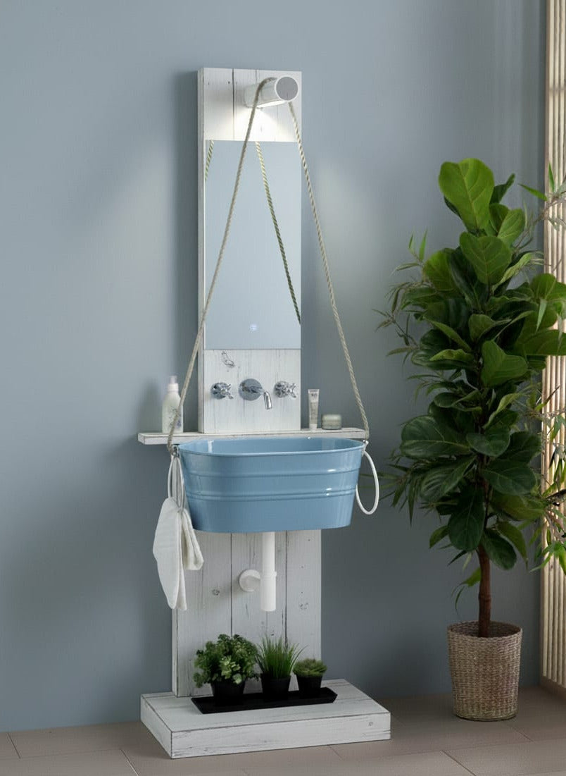 mobile portalavabo Pozzo bianco decapé con lavabo Tinozza celeste