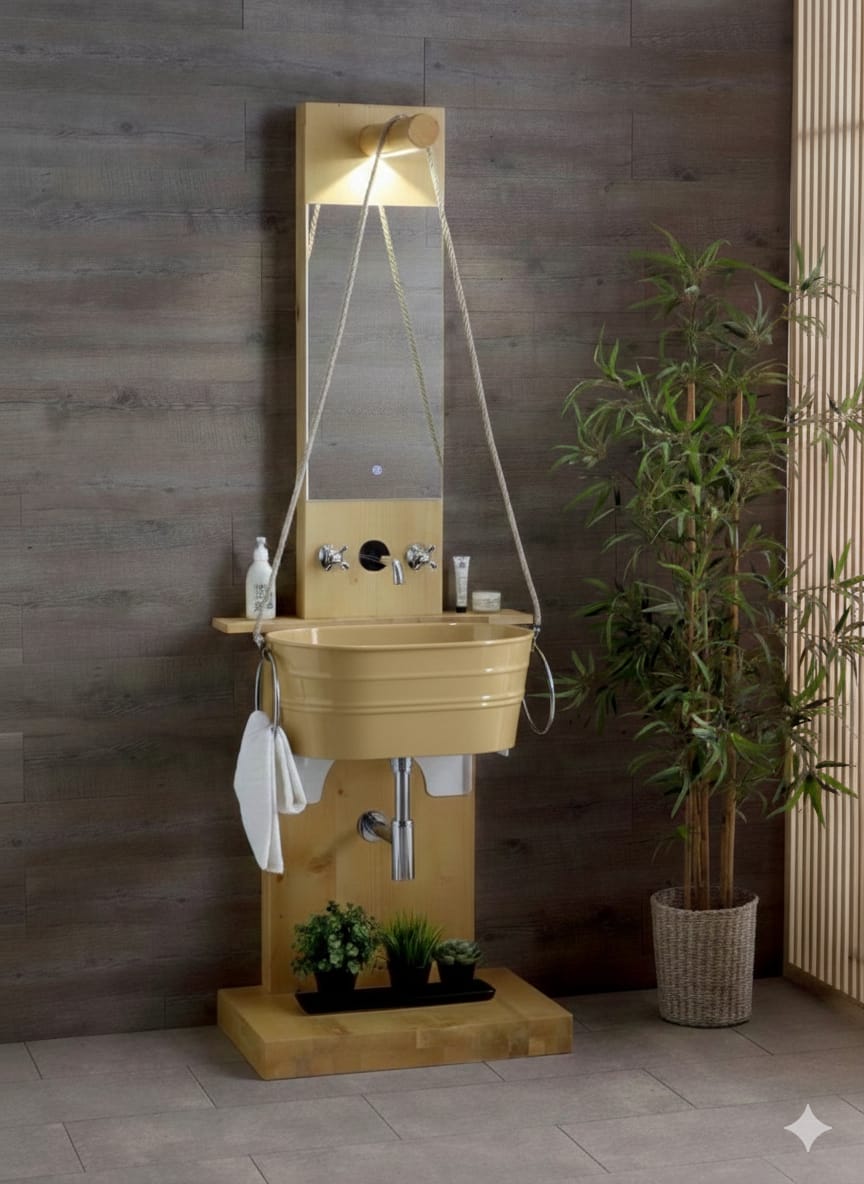 mobile portalavabo Pozzo abete naturale con lavabo Tinozza senape
