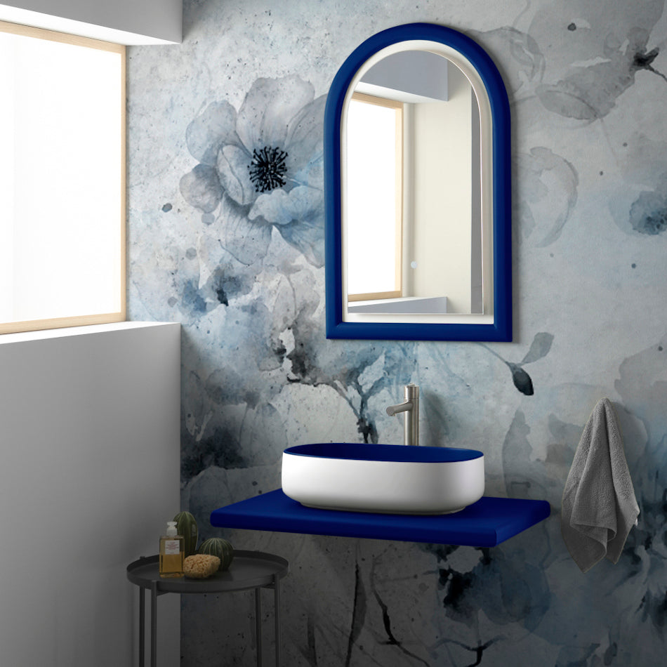 composizione Bucchero Bis ovale bianco e blu con mensola e specchio blu