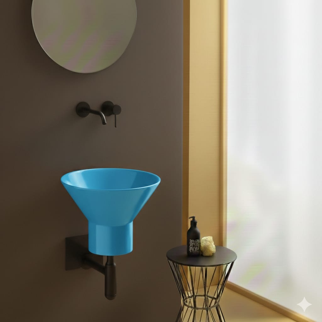 lavabo sospeso Megafono Ciano con staffa e sifone neri