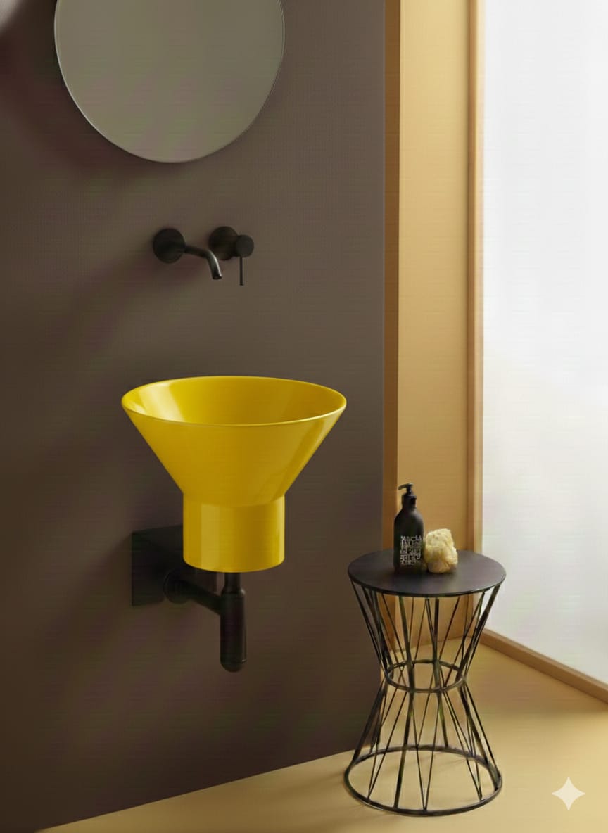 lavabo sospeso Megafono Giallo con staffa e sifone neri