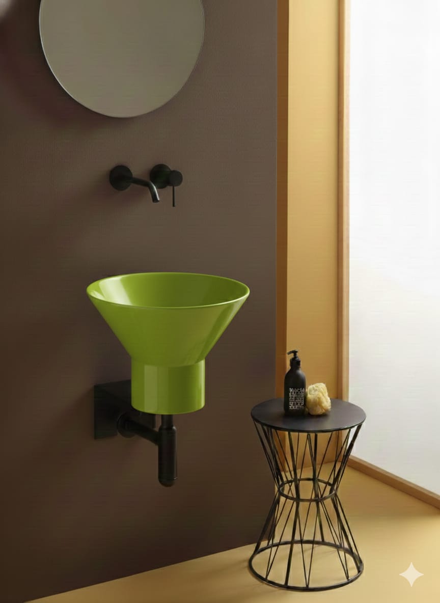 lavabo sospeso Megafono Verde Impulso con staffa e sifone neri
