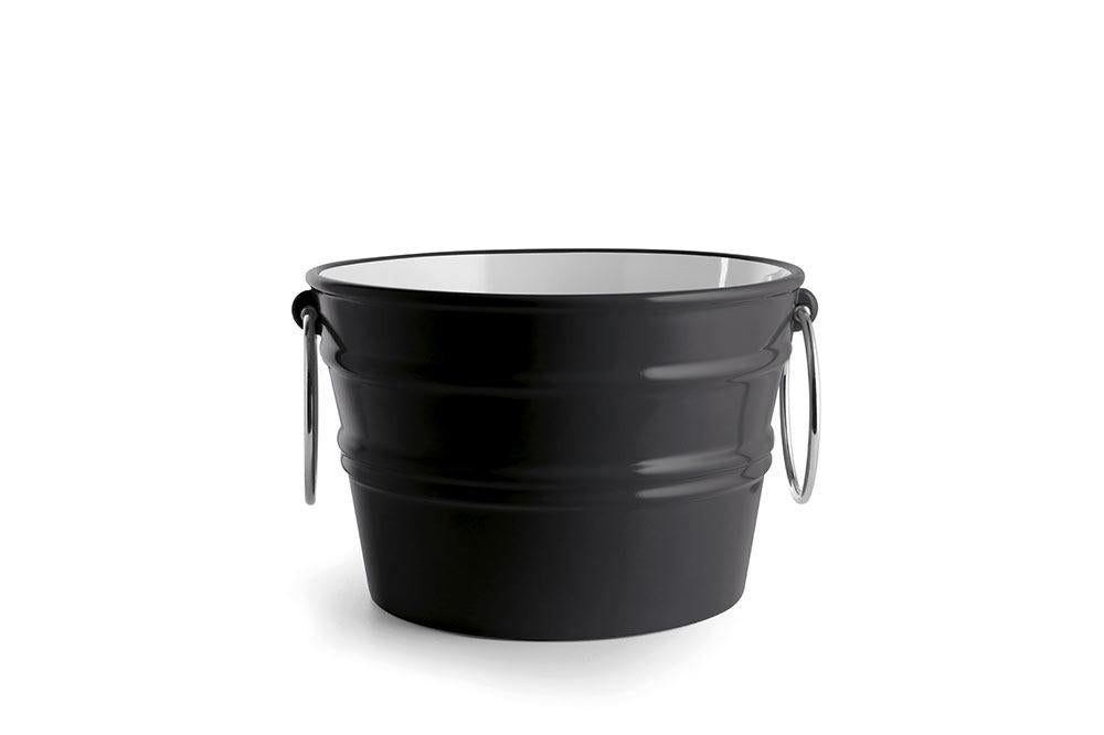 Bacile in ceramica nero lucido con portasciugamani laterali, design moderno.