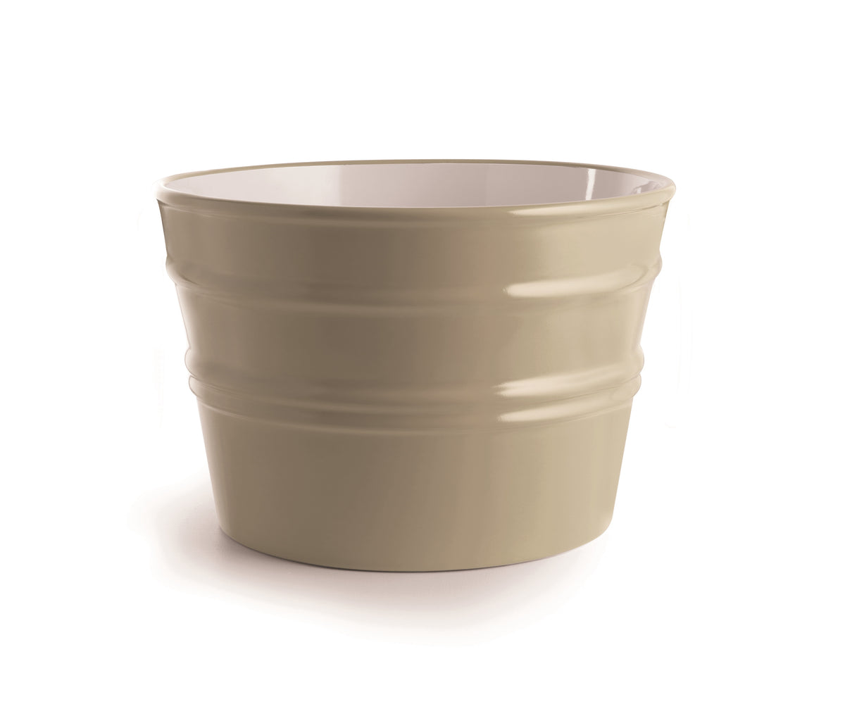 Vaso in ceramica beige stile classico, superficie liscia, design contemporaneo.