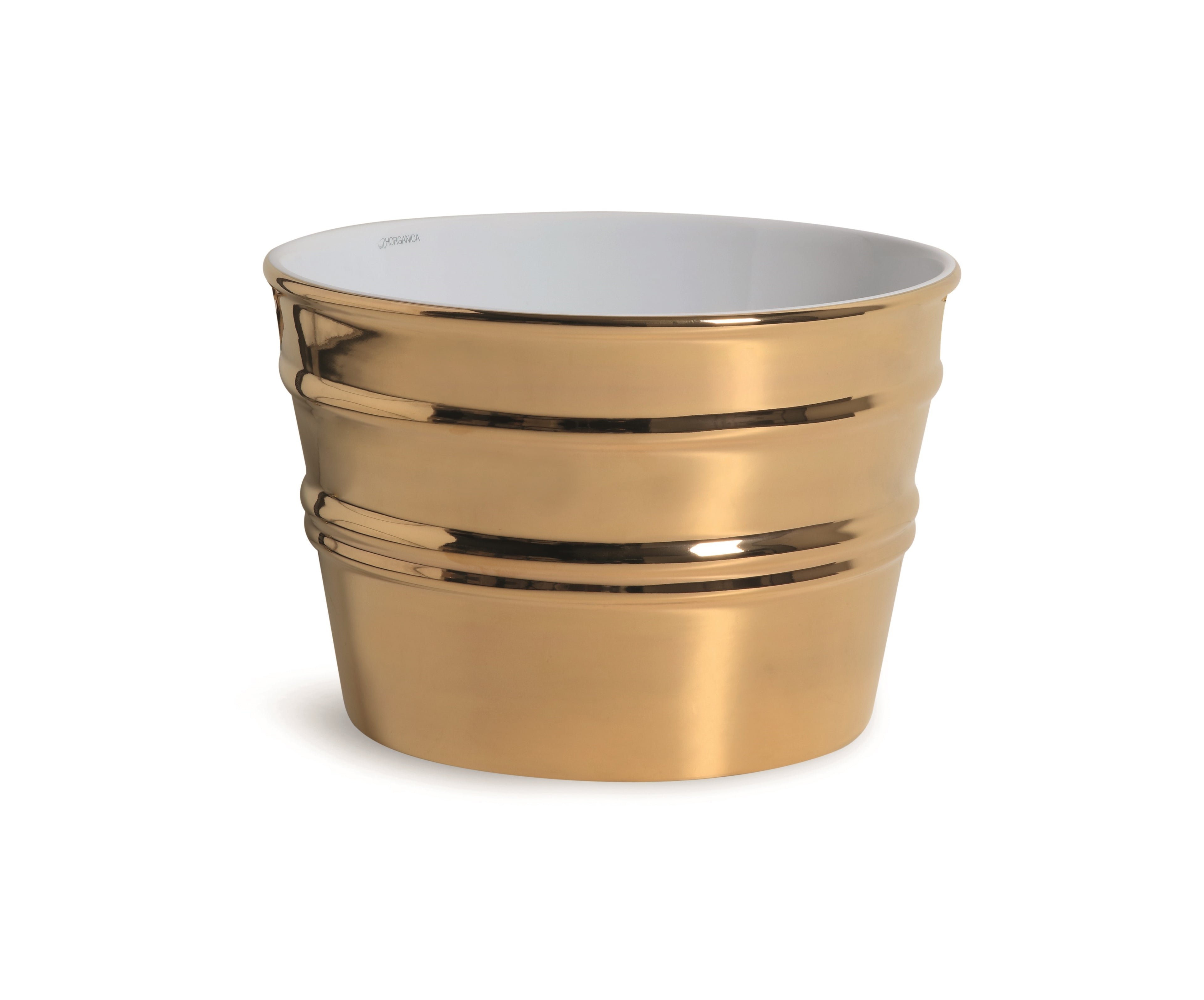 Vaso in ceramica dorata dallo stile moderno, superficie lucida e interno bianco.