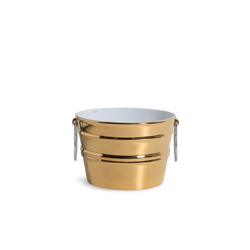 Bacinella in ceramica smaltata oro con manici ad anello, design moderno, artigianale.